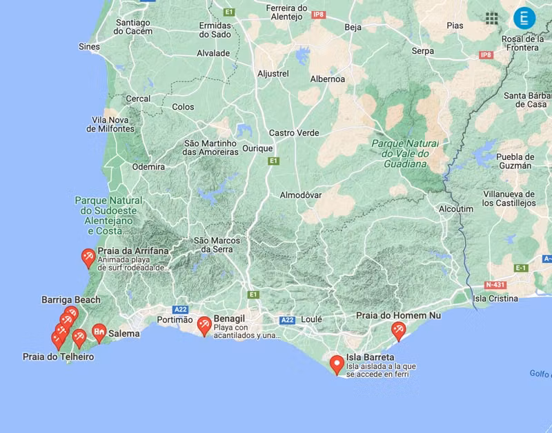 Mapa de playas del Algarve.