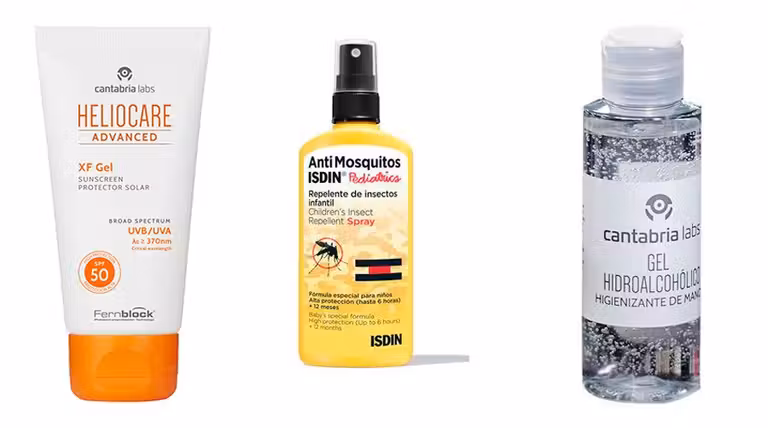 crema, repelente y gel hidroalcoholico para neceser de viaje