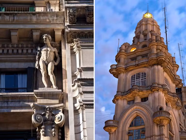 Detalle de un edificio de la Avenida de Mayo y Palacio Barolo.