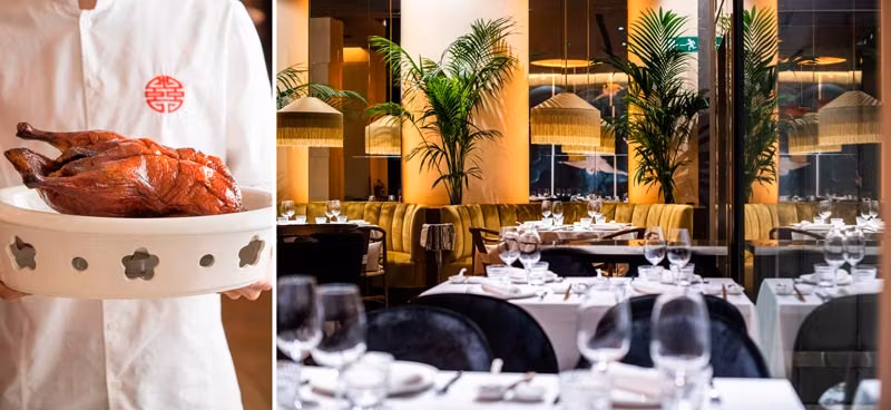 pato Pekín y sala del restaurante China Crown