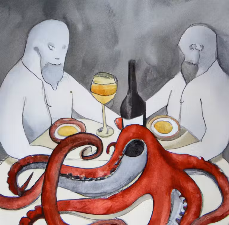 Ilustración con dos hombre y un pulpo