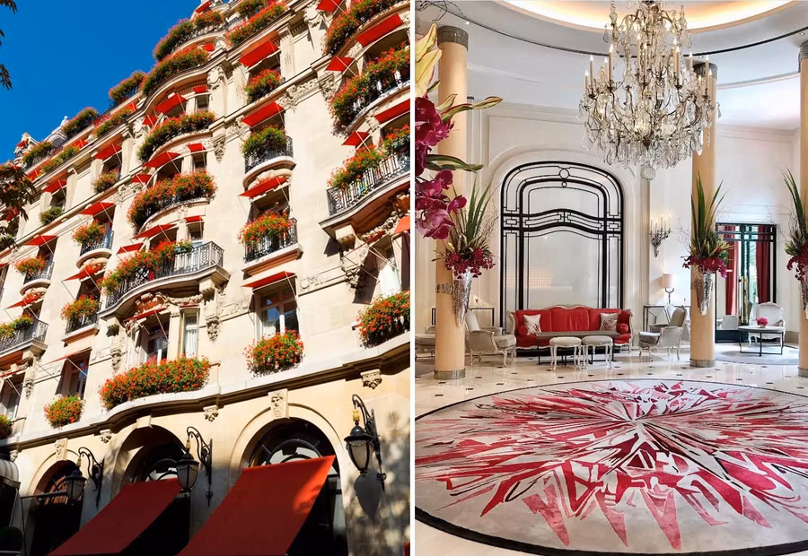 Fachada y lobby del hotel Plaza Athénée de París