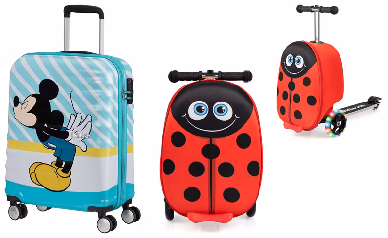 maleta con Mickey Mouse y maleta con diseño de mariquita