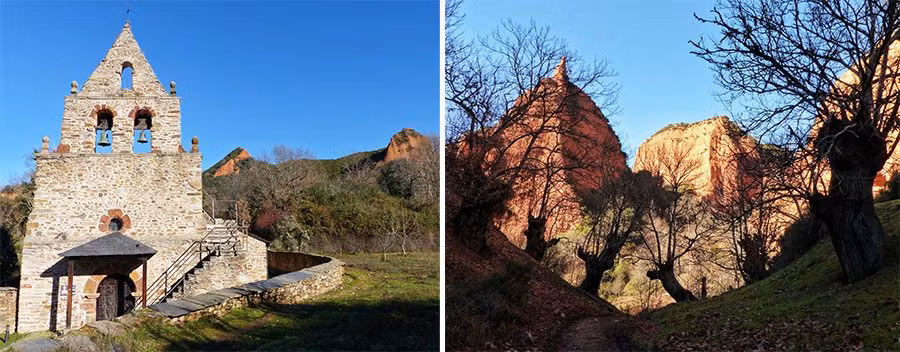 Iglesia del pueblo de Las Médulas y árboles que podrían inspirar a Tim Burton.