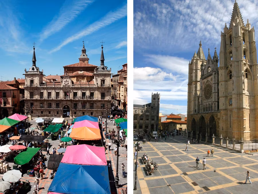 Mercado en la Plaza Mayor (Izq.) y Plaza de la Catedral (Dcha.)