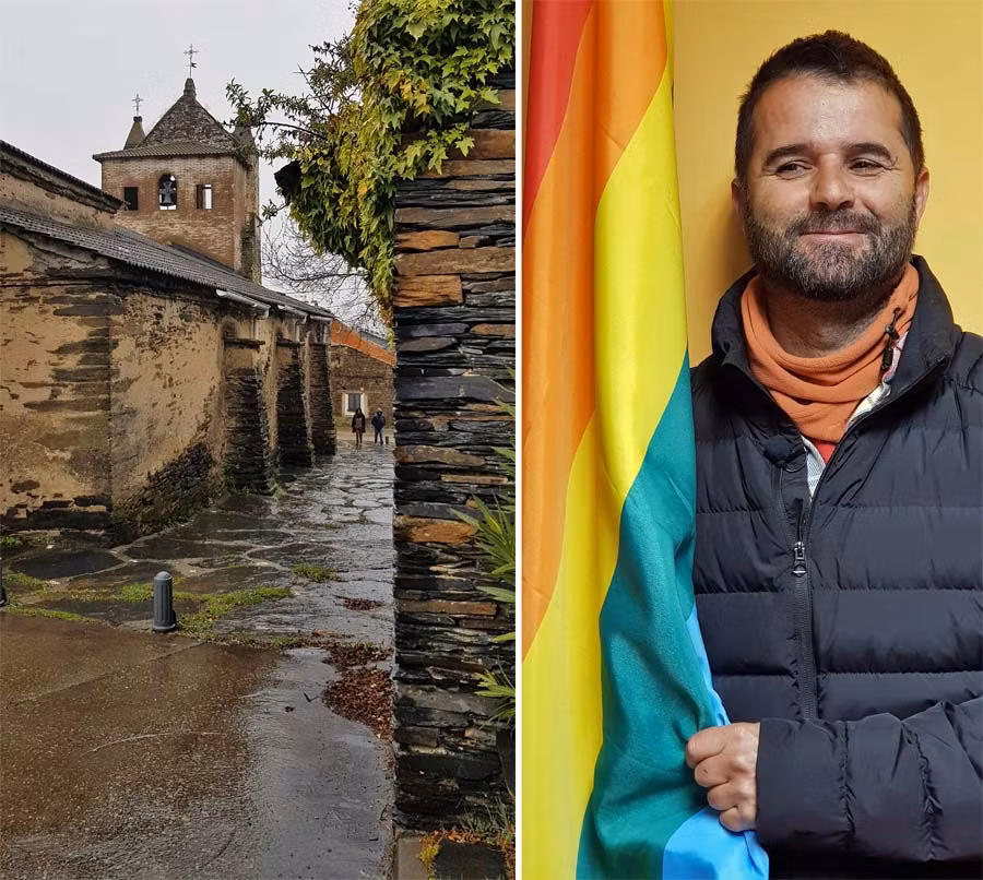 calle y alcalde de Majaelrayo con una bandera gay