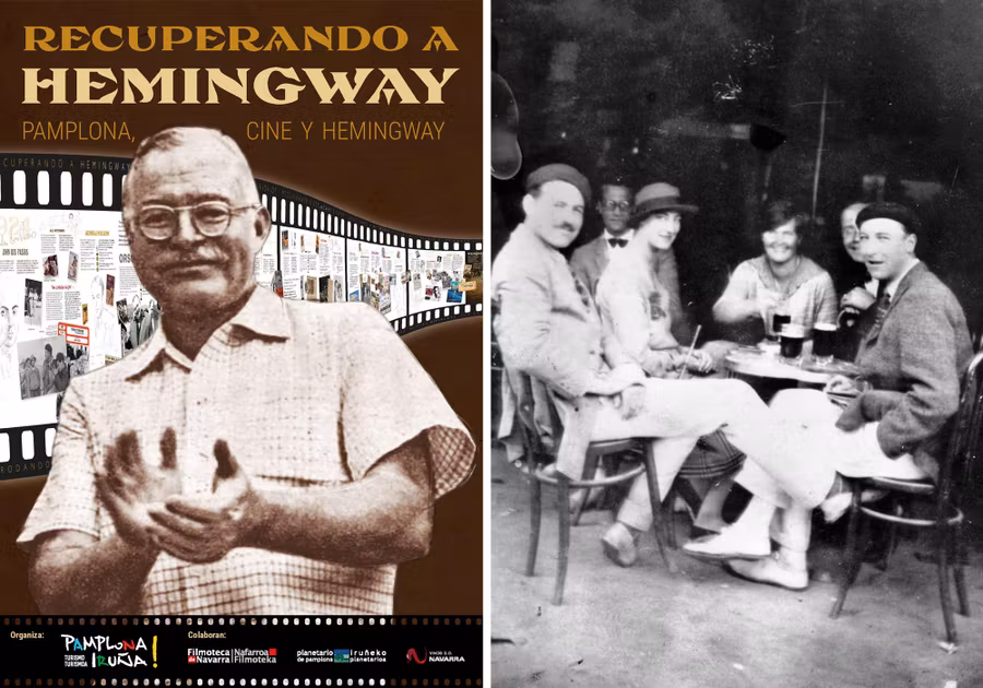 Cartel del Festival e imagen de Hemingway con Lady Duff Twysden y tres amigos más.