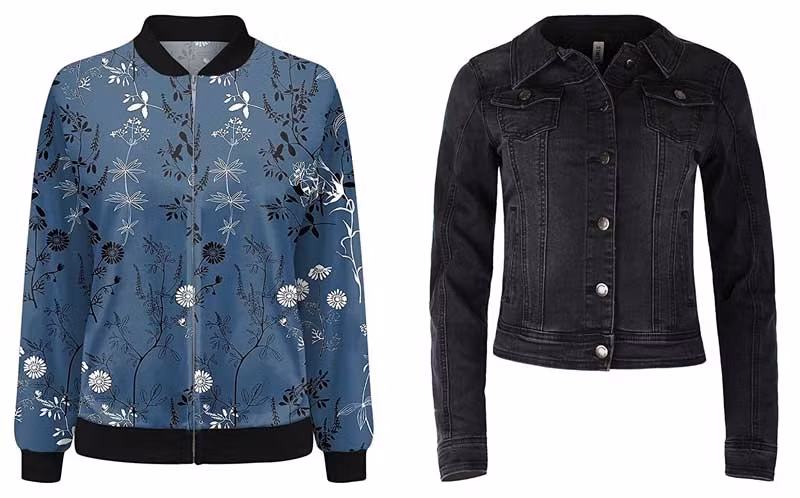 Chaqueta azul estampada y chaqueta vaquera