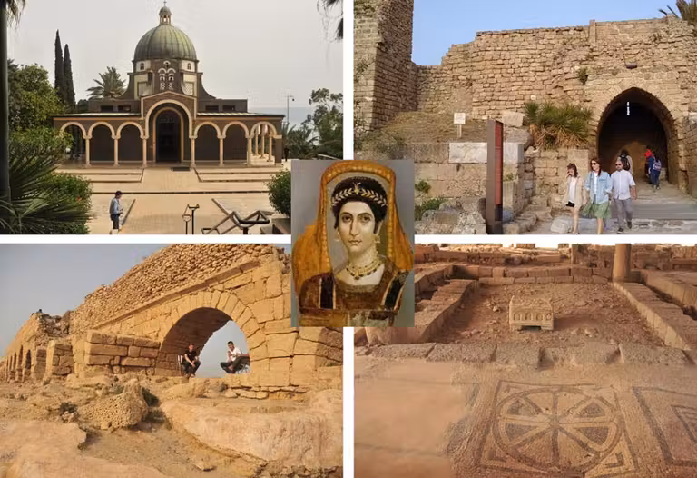 Distintas imágenes de Galilea: monte de las Bienaventuranzas, Cesarea y mosaico de la sinagoga de Magdala. En el centro dama romana, de la necrópolis de El Fayum.
