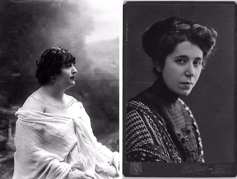 Retratos de Carmen de Burgos y María Lejárrega incluidos en las exposiciones de la Biblioteca Nacional.