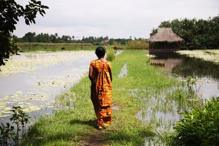 Mujer paseando en el Coconut Lagoon CGH Earth Resort en Kumarakom