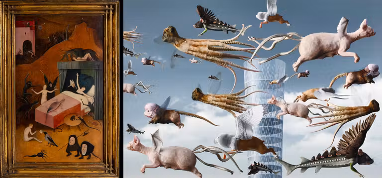 La muerte del réprobo (El infierno), atribuido a Hieronymus Bosch, y *Inverso Mundus, Fotograma n.º 1-02 de AES+F. © AES+F, VEGAP, Madrid, 2026; Foto: © Cortesía de Colección SOLO, Madrid