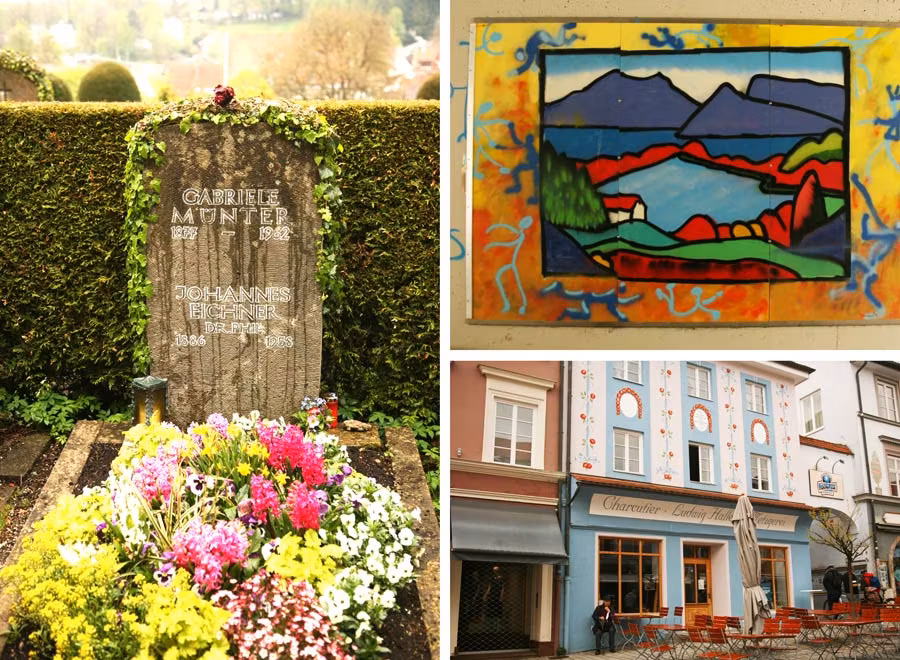 (Izq) Gabriele Münter descansa en el cementerio de Murnau junto a su esposo Johannes Eichner. (Dcha.) Dos escenas de Murnau.