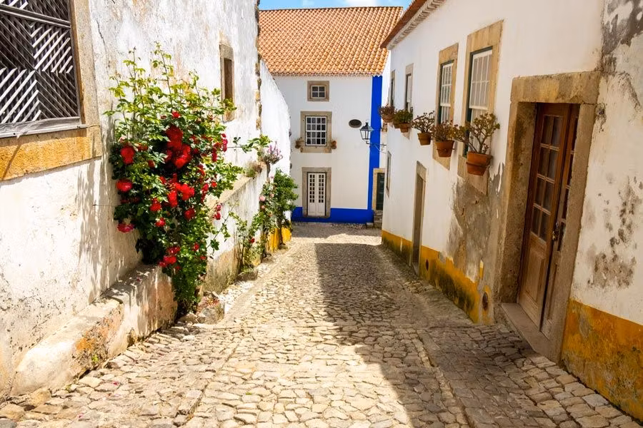 Calles con encanto de Óbidos. con casas blancas y rosales.