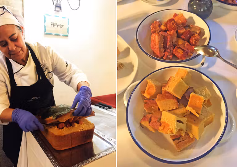Borona (o boroña), un pan de maíz relleno de carnes, chorizo y panceta.