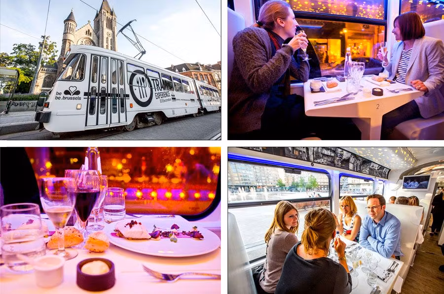 distintas imágenes del tranvía gastronómico de Bruselas