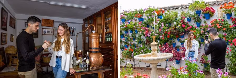 una pareja visita rute, una destileria y un patio con flores