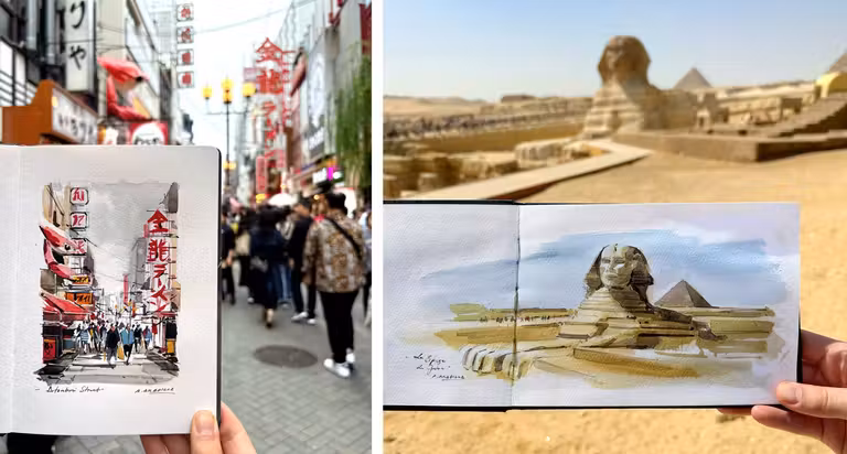 Acuarelas de Osaka y Egipto.