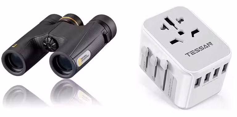 Prismáticos de FNAC y adaptador de viaje de Amazon.