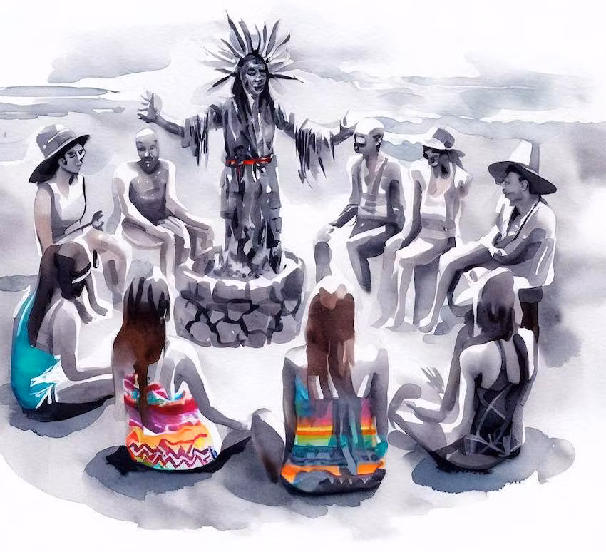 Acuarela con un grupo de turistas en corro en un temazcal