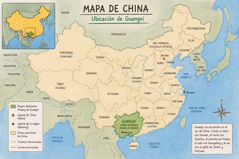 Mapa de ubicación de Guangxi, elaborado con IA)