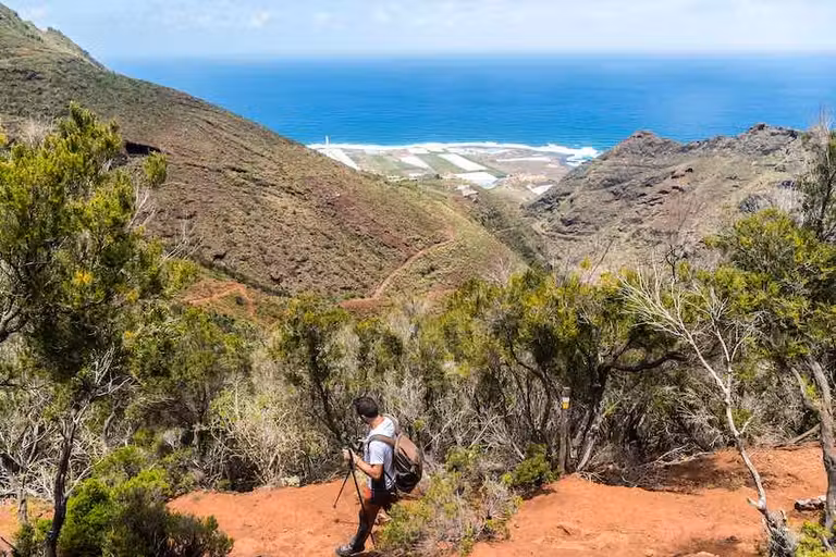 Bajada por El Homicián, por el sendero que transcurre desde el caserío de Bejía hacia La Punta del Hidalgo, con vistas al fondo de esta localidad costera.