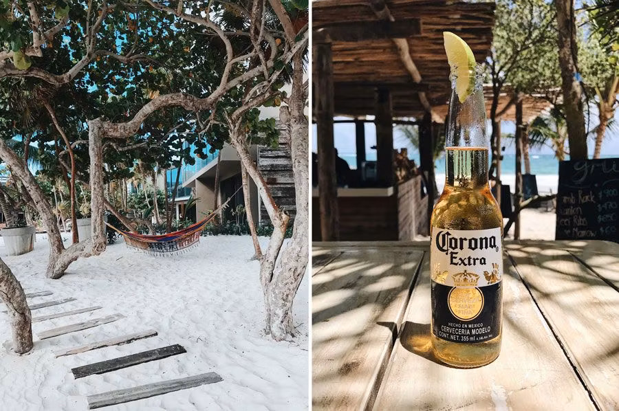 Tumbona y cerveza Corona en el hotel Casa Malca