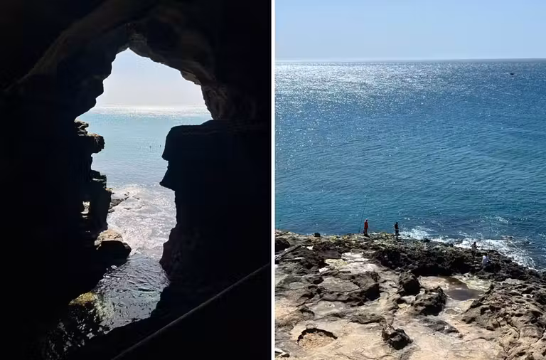 Gruta de Hércules con forma de África y pescadores junto al Cabo Espartel.
