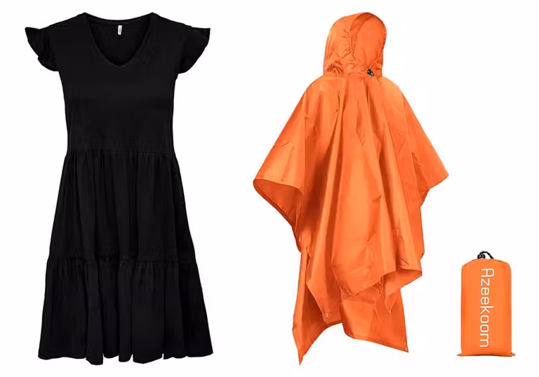 Vestido negro de Only y capa de lluvia