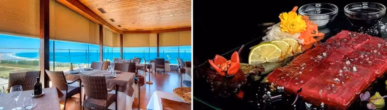Comedor y plato de atún del restaurante El Roqueo de Conil