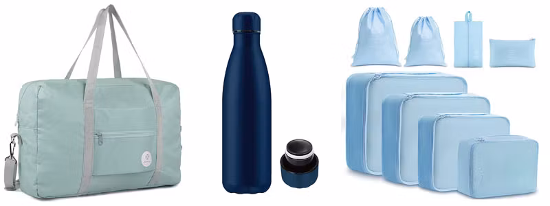 Bolsa plegable, botella térmica y organizador de maleta.