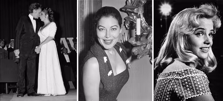 Richard Burton y Elizabeth Taylor en una entrega de premios en Italia, Ava Gardner y Sue Lyon.