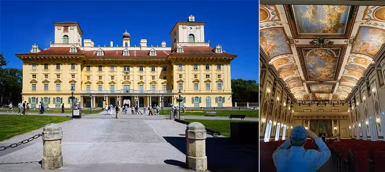 Fachada y sala Haydn del palacio Esterházy en Eisenstadt.