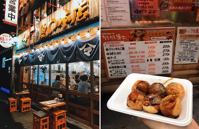 Escena callejera y un aperitivo de takoyaki.