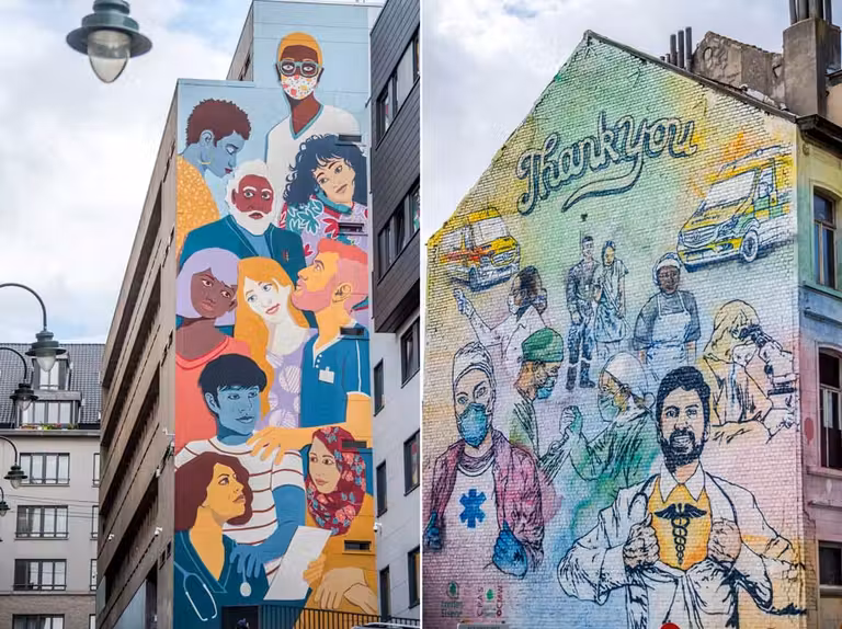 Murales de Bruselas dedicados a los que han ayudado durante la pandemia: ‘Entre Aide’ y ‘Thank You’.
