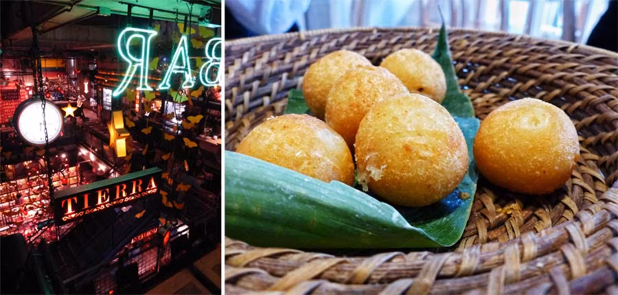 2 Imágenes: El local Andrés Carne de Res de Bogotá ocupa cinco pisos. Y Buñuelos de yuca y queso del restaurante Ocio.