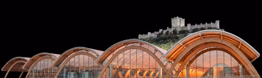 Bodegas Protos con el Castillo de Peñafiel al fondo.