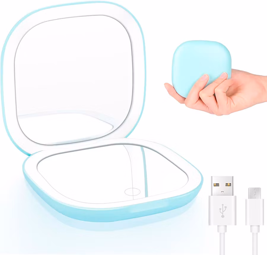 Espejo de viaje con luz disponible en Amazon.