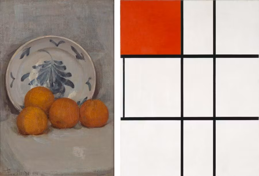 naturaleza muerta con naranjas y composicion be de Mondrian