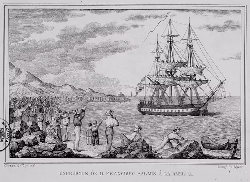 Litografía de la Corbeta María Pita, de la expedición de Balmis.
