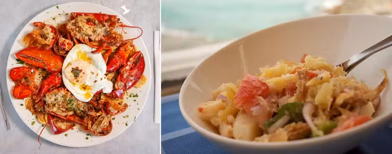 Plato de marisco con patatas y huevo y ensalada payesa