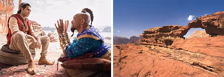 Aladdin e imagen del Wadi Rum Rock Bridge.