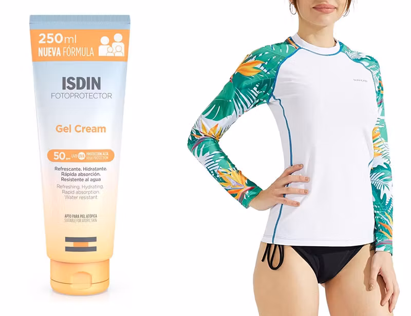 Crema solar de ISDIN y camiseta con protección solar para el agua