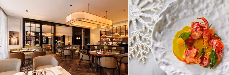 salón del restaurante del hotel Villa Magna y plato de pescado