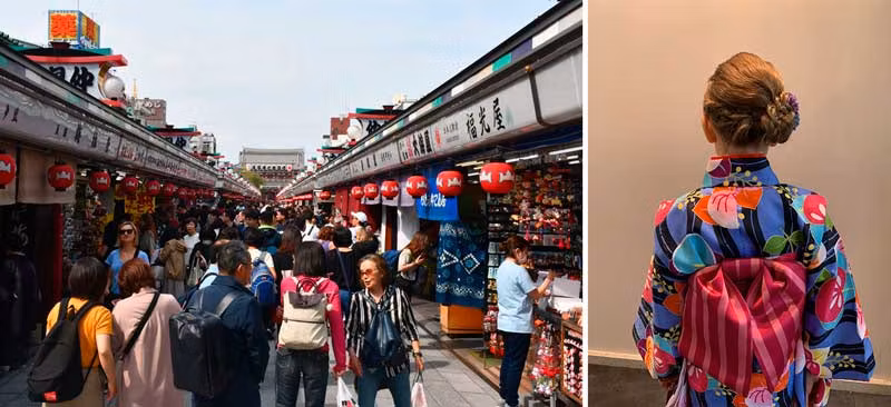 Calle Nakasime y detalle de un kimono tradicional.