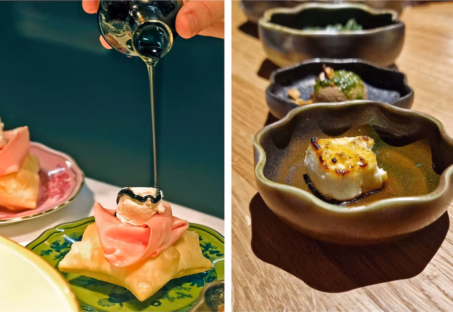 Gnocco Frito con aceto balsamico di Modena, y Ricota di Rosola con miel