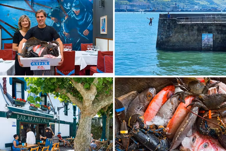Susana y Carlos propietarios del restaurante Goiezti. Sireno en el muelle. Plaza del Puerto Viejo de Algorta. Pescado fresco.