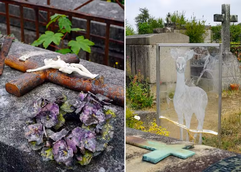 En el cementerio de la Miséricorde el arte de Pascal Convert se exhibe entre sepulturas.