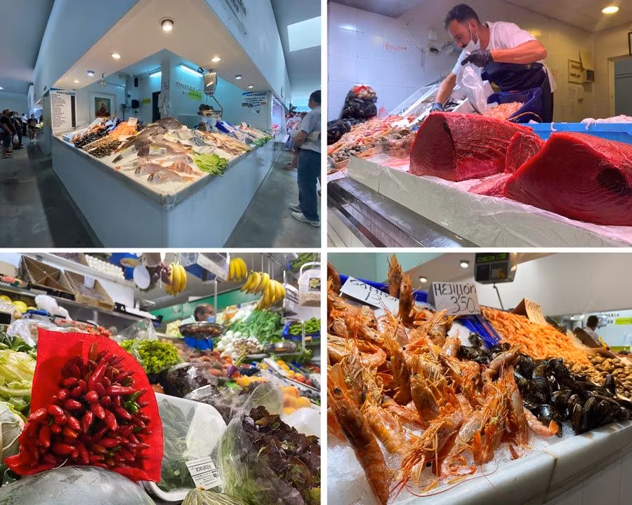 mercado de abastos de conil con puestos de atún, marisco y verduras