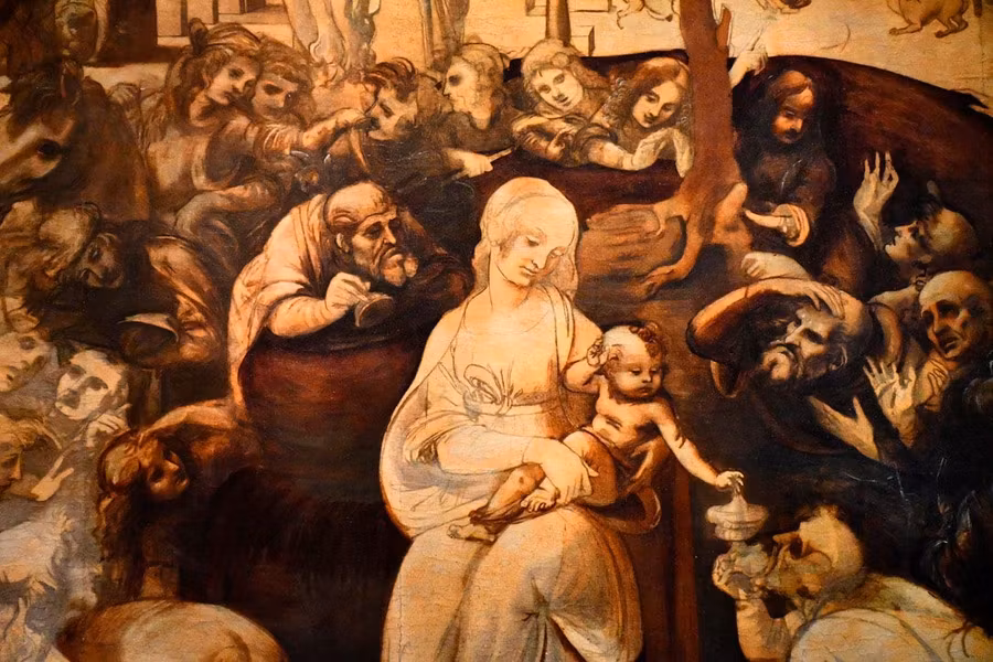 “La adoración de los Magos”. Obra inacabada de Leonardo da Vinci. Galleria degli Uffizi.